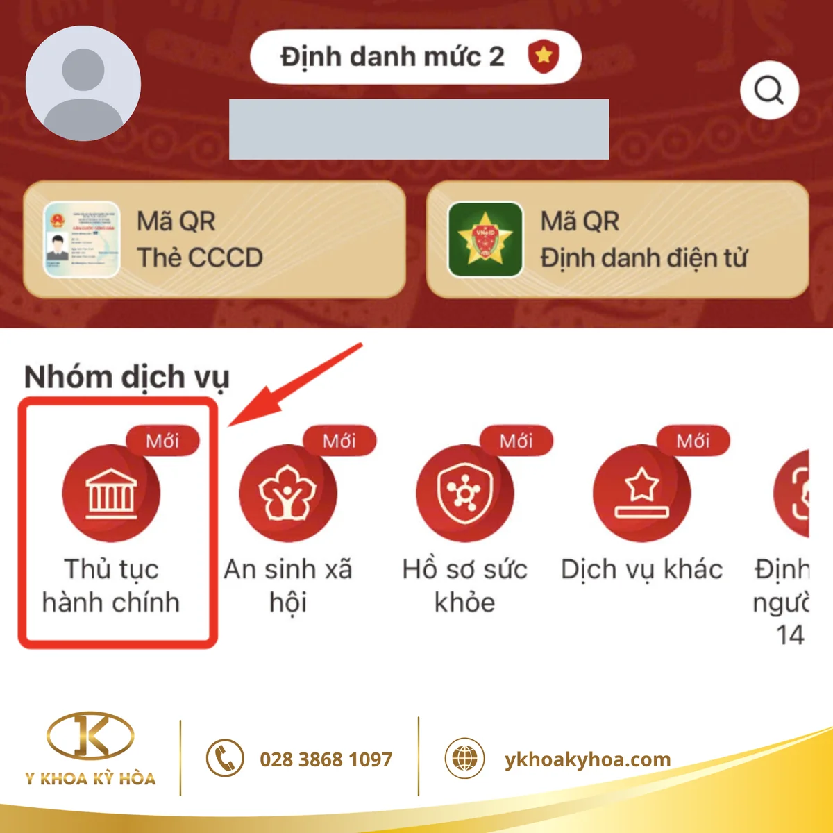 Màn hình chính VNeID, chọn Thủ tục hành chính trong mục Nhóm dịch vụ